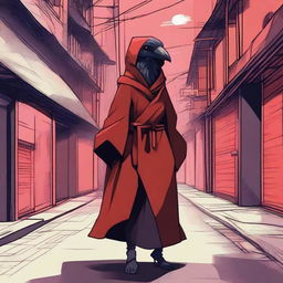 Generate an image of a modern female Kenku, a bird-like humanoid, in a Neo Tokyo style alley