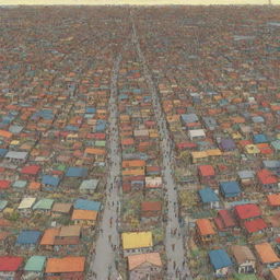 A vividly colored illustration that portrays the stark contrast of socioeconomic inequality, showing both prosperous and impoverished areas side by side.