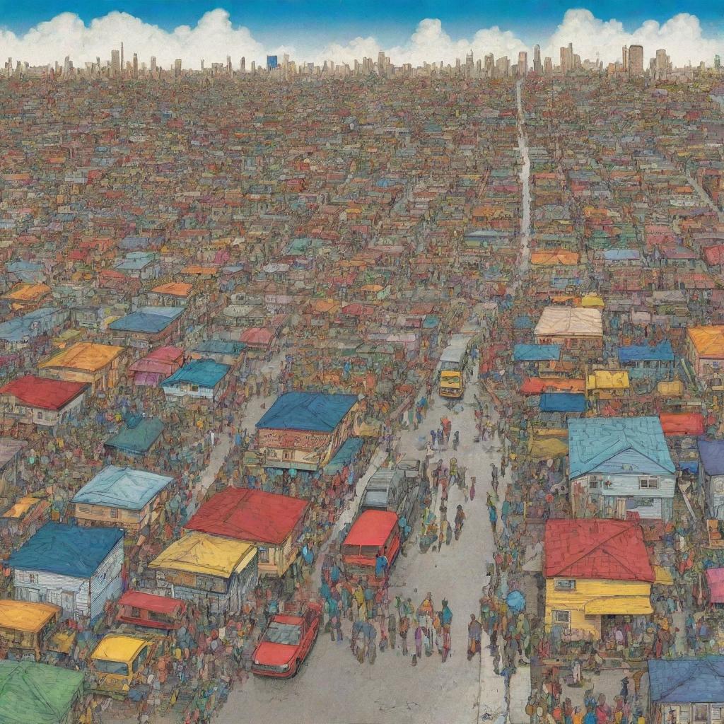 A vividly colored illustration that portrays the stark contrast of socioeconomic inequality, showing both prosperous and impoverished areas side by side.