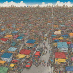 A vividly colored illustration that portrays the stark contrast of socioeconomic inequality, showing both prosperous and impoverished areas side by side.