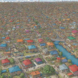 A vividly colored illustration that portrays the stark contrast of socioeconomic inequality, showing both prosperous and impoverished areas side by side.