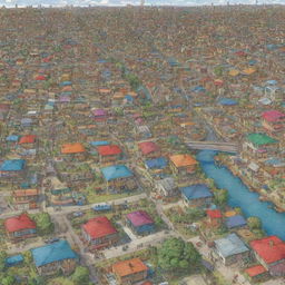 A vividly colored illustration that portrays the stark contrast of socioeconomic inequality, showing both prosperous and impoverished areas side by side.