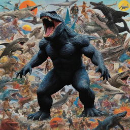 A vibrant collage made from sports magazine snippets, creatively weaving together mythical aliens, fearsome sharks, heroic astronauts, and a towering black Godzilla-like monster in a surreal narrative