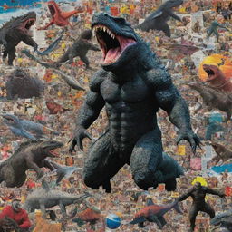 A vibrant collage made from sports magazine snippets, creatively weaving together mythical aliens, fearsome sharks, heroic astronauts, and a towering black Godzilla-like monster in a surreal narrative