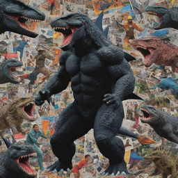 A vibrant collage made from sports magazine snippets, creatively weaving together mythical aliens, fearsome sharks, heroic astronauts, and a towering black Godzilla-like monster in a surreal narrative