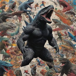 A vibrant collage made from sports magazine snippets, creatively weaving together mythical aliens, fearsome sharks, heroic astronauts, and a towering black Godzilla-like monster in a surreal narrative