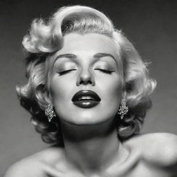 Alternative imagining of Marilyn Monroe with her head stretched back, eyes shut, revealing an extensive, large neck with a prominent protuberance inside, offering a unique interpretation to her classic beauty.