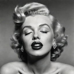 Alternative imagining of Marilyn Monroe with her head stretched back, eyes shut, revealing an extensive, large neck with a prominent protuberance inside, offering a unique interpretation to her classic beauty.