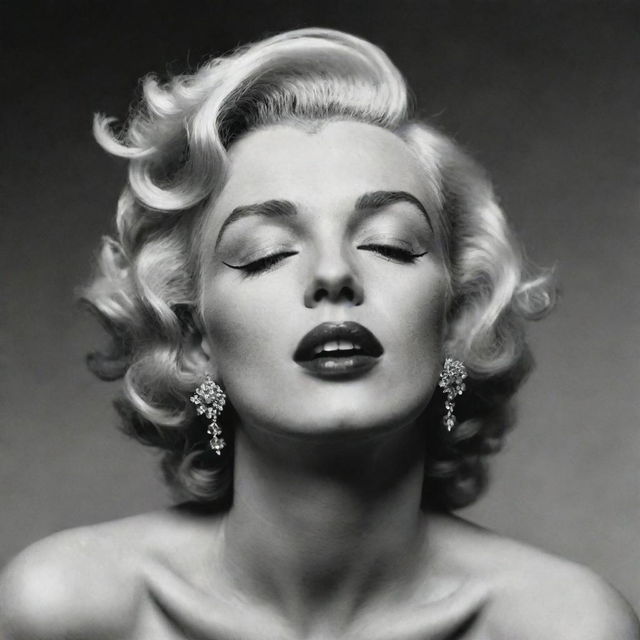 Alternative imagining of Marilyn Monroe with her head stretched back, eyes shut, revealing an extensive, large neck with a prominent protuberance inside, offering a unique interpretation to her classic beauty.