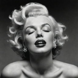 Alternative imagining of Marilyn Monroe with her head stretched back, eyes shut, revealing an extensive, large neck with a prominent protuberance inside, offering a unique interpretation to her classic beauty.