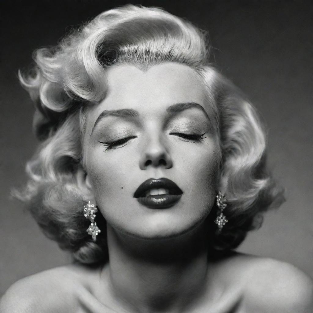 An unconventional portrayal of Marilyn Monroe, her head deeply tilted back, serene eyes closed, revealing a large, long neck with a hyaline protuberance inside, juxtaposing her iconic appeal with a unique attribute.