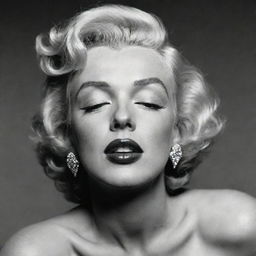 An unconventional portrayal of Marilyn Monroe, her head deeply tilted back, serene eyes closed, revealing a large, long neck with a hyaline protuberance inside, juxtaposing her iconic appeal with a unique attribute.