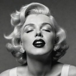 An unconventional portrayal of Marilyn Monroe, her head deeply tilted back, serene eyes closed, revealing a large, long neck with a hyaline protuberance inside, juxtaposing her iconic appeal with a unique attribute.