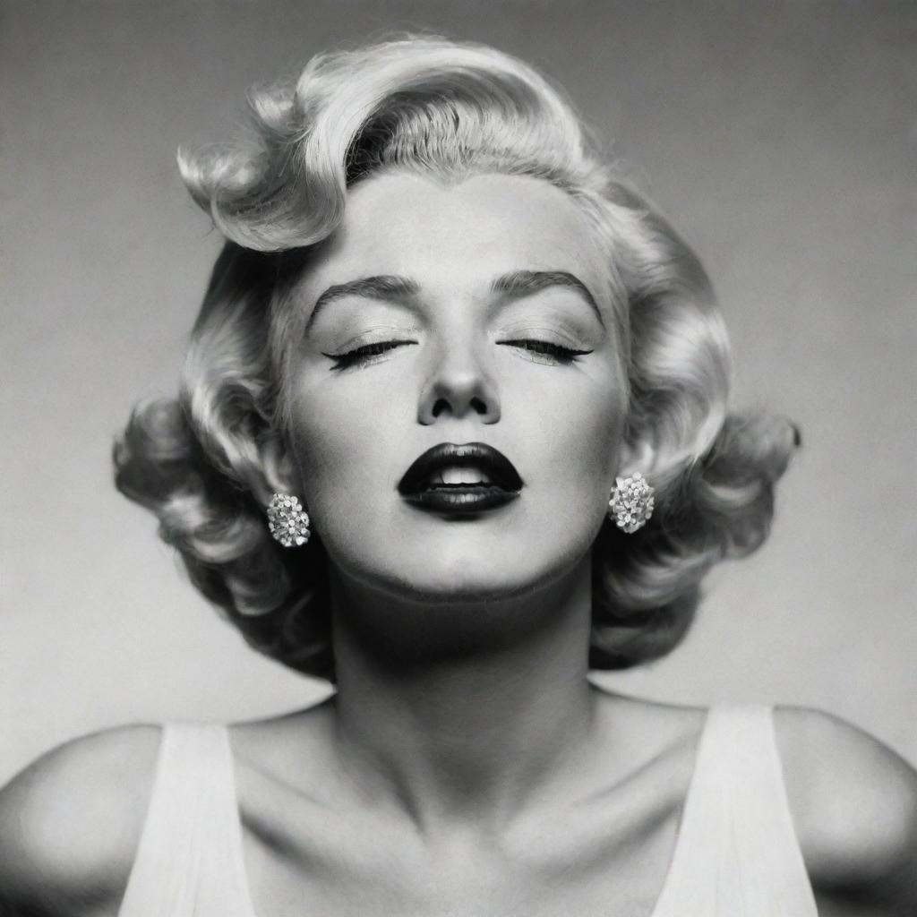 An unconventional portrayal of Marilyn Monroe, her head deeply tilted back, serene eyes closed, revealing a large, long neck with a hyaline protuberance inside, juxtaposing her iconic appeal with a unique attribute.