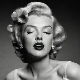 Striking representation of Marilyn Monroe, her head elegantly tilted back, eyes softly closed, showcasing an ample and long neck with a distinct prominence inside, adding an unexpected element to her iconic elegance.