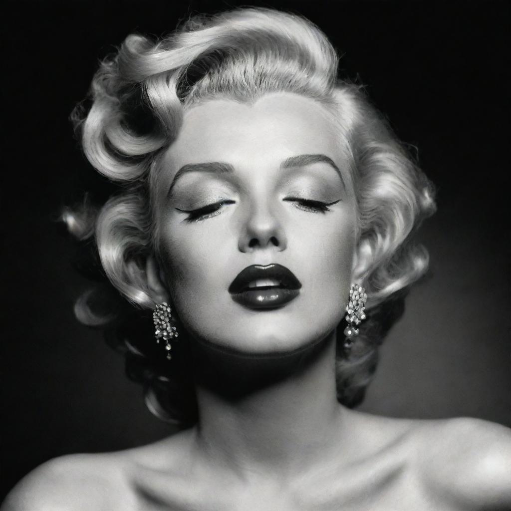 Striking representation of Marilyn Monroe, her head elegantly tilted back, eyes softly closed, showcasing an ample and long neck with a distinct prominence inside, adding an unexpected element to her iconic elegance.