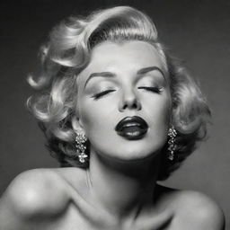 Striking representation of Marilyn Monroe, her head elegantly tilted back, eyes softly closed, showcasing an ample and long neck with a distinct prominence inside, adding an unexpected element to her iconic elegance.