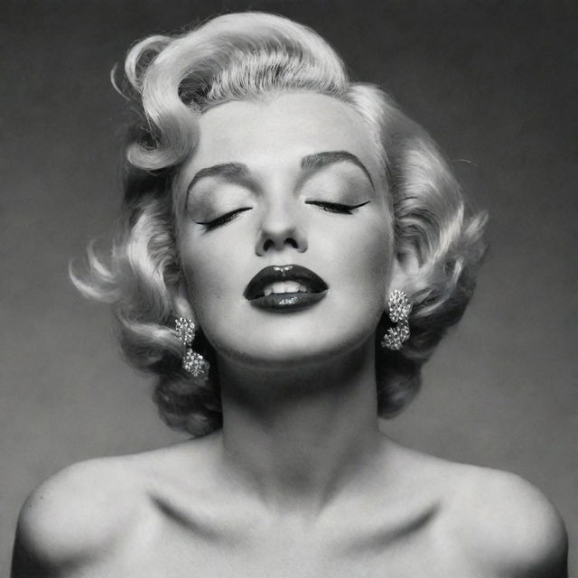 A unconventional rendition of Marilyn Monroe with her head arched back, eyes closed, revealing a broad, elongated neck with a pronounced protuberance inside, bringing an original twist to her timeless beauty.