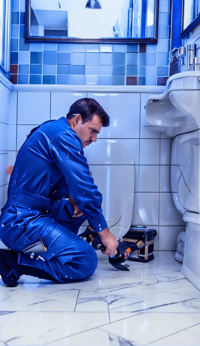 A man in a navy jumpsuit is focused on repairing a white porcelain toilet in a modern bathroom with light blue tiles and a marble sink.