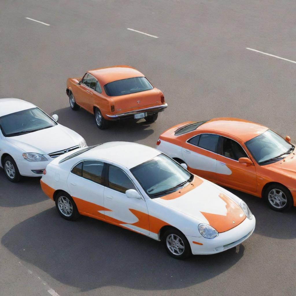 Four anthropomorphized cars with sunglasses, two in lustrous white and two in vibrant orange.