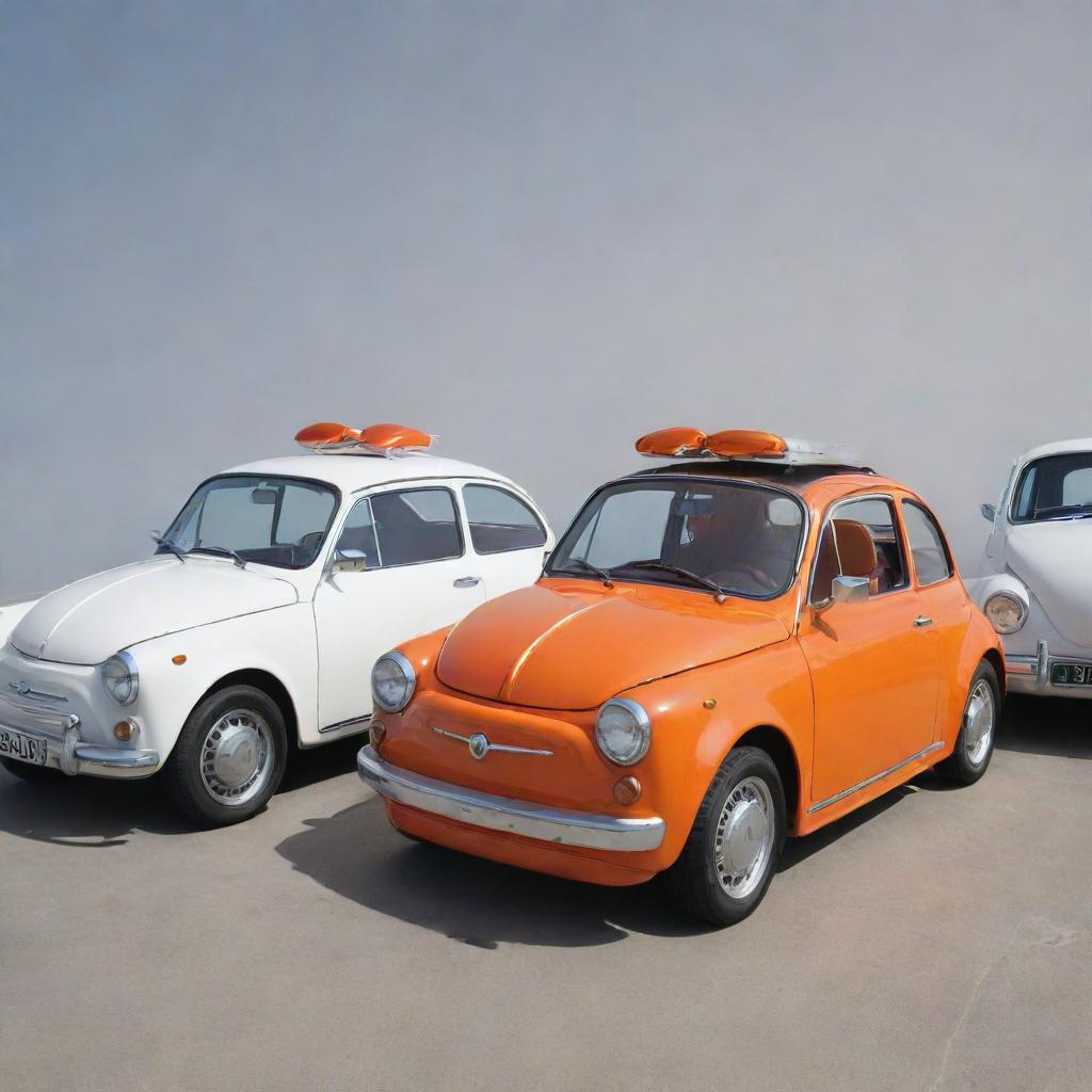 Four anthropomorphized cars with sunglasses, two in lustrous white and two in vibrant orange.