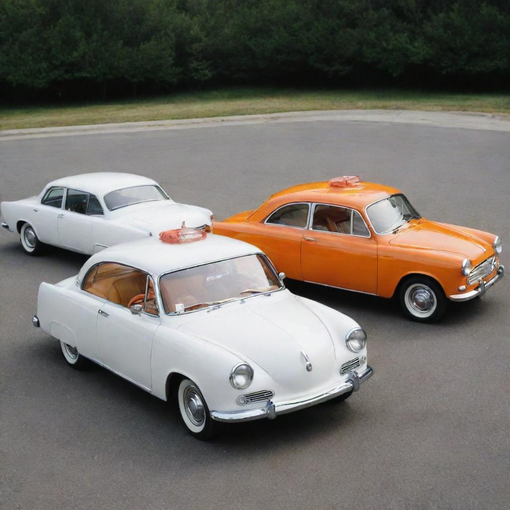 Four anthropomorphized cars, two white and two orange, all wearing stylish sunglasses.