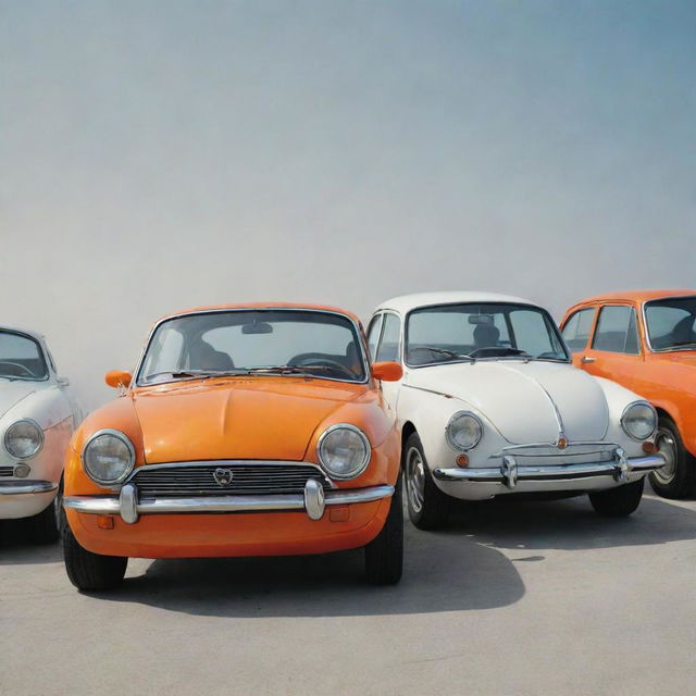 Four anthropomorphized cars, two white and two orange, all wearing stylish sunglasses.