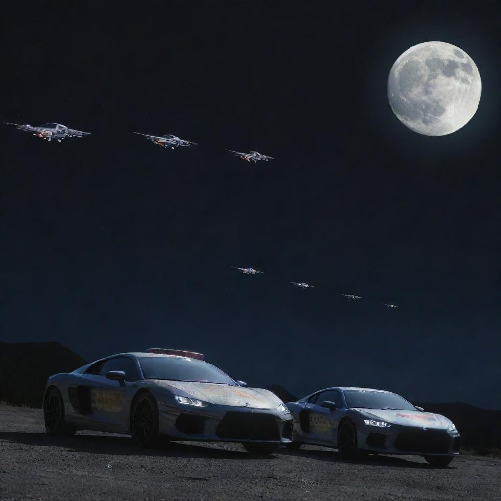 Four cars with sunglasses, each bearing the logo 'NRC', soaring around the moon in a celestial night sky.