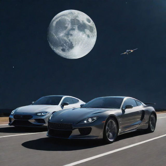 Four cars with sunglasses, each bearing the logo 'NRC', soaring around the moon in a celestial night sky.