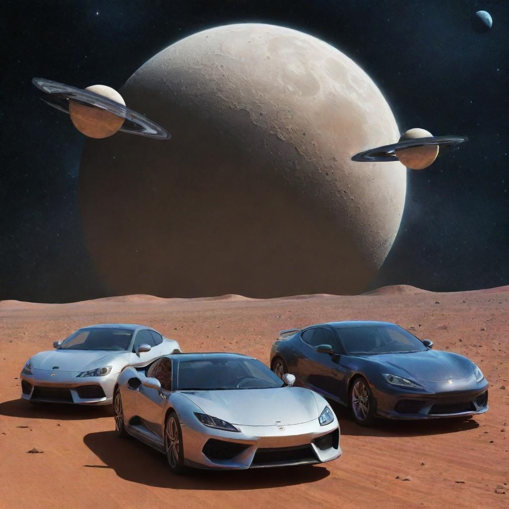 Four cars with sunglasses resting on their front lines, bearing the 'NRC' logo, flying around multiple moons in a cosmic scene.