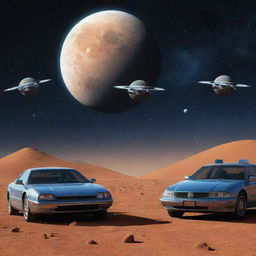 Four cars with sunglasses resting on their front lines, bearing the 'NRC' logo, flying around multiple moons in a cosmic scene.