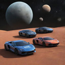 Four cars with sunglasses resting on their front lines, bearing the 'NRC' logo, flying around multiple moons in a cosmic scene.