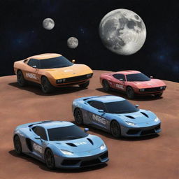 Four cars with sunglasses resting on their front lines, bearing the 'NRC' logo, flying around multiple moons in a cosmic scene.