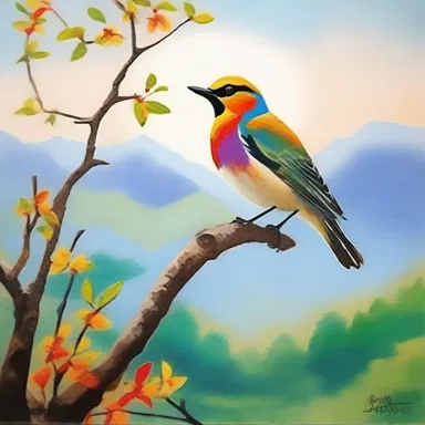 The painting showcased a colorful landscape with a lark perched on a branch, symbolizing the harmony of nature.