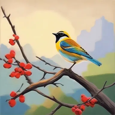 The painting showcased a colorful landscape with a lark perched on a branch, symbolizing the harmony of nature.