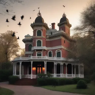 As the sun set, the eerie calls of larks surrounded the haunted mansion, setting the stage for a horror movie scene.