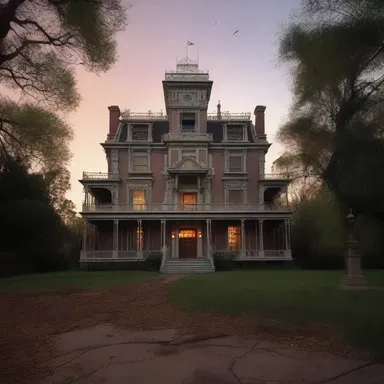 As the sun set, the eerie calls of larks surrounded the haunted mansion, setting the stage for a horror movie scene.