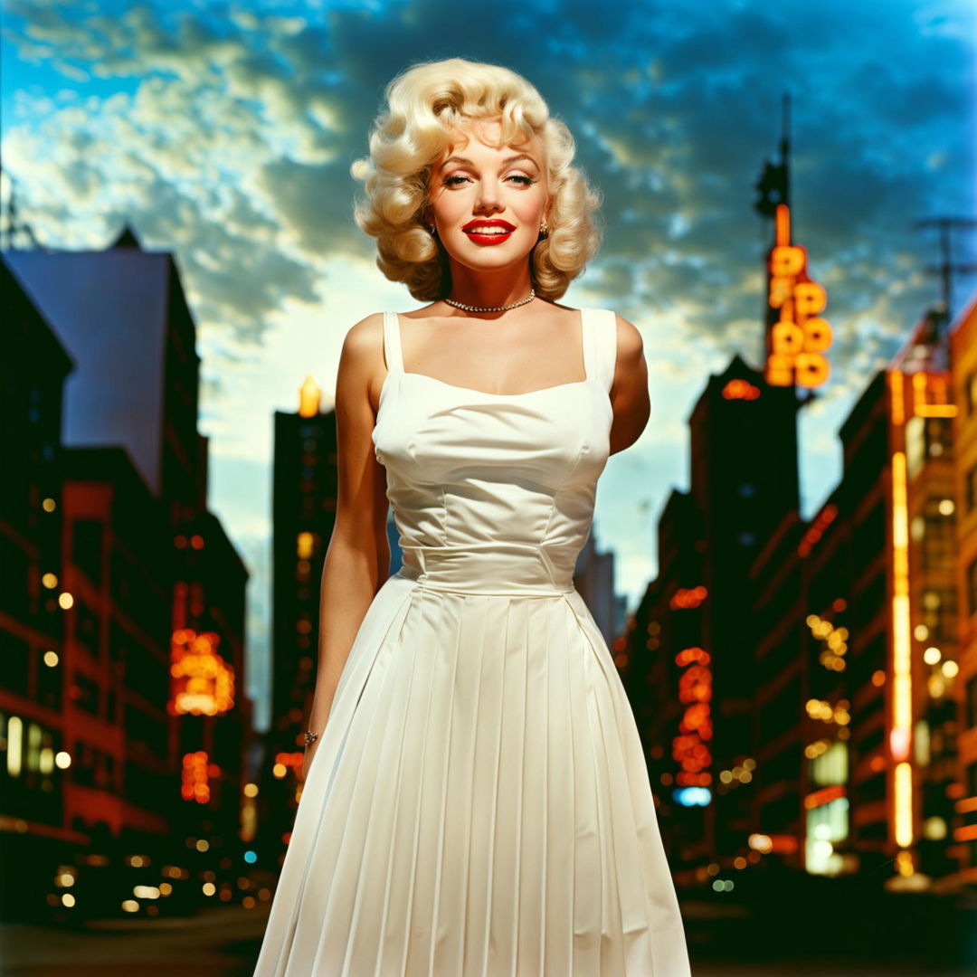 Vibrant photograph of Marilyn Monroe in her iconic white dress with a colorful 1950s New York City backdrop.