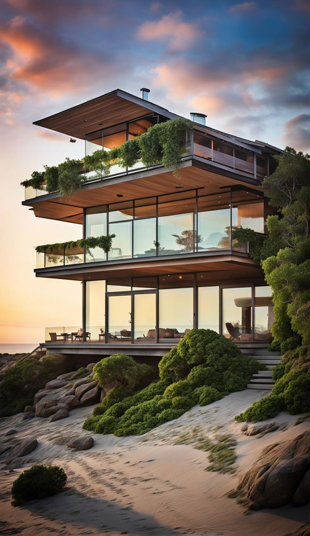 A nature-inspired beach house captured in architectural photography at sunset, featuring weathered wood exterior, large glass windows, a green roof, and a deck leading to the beach.