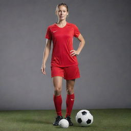 Athletic female soccer player, gracefully poised in a vibrant red dress with a soccer ball at her feet.