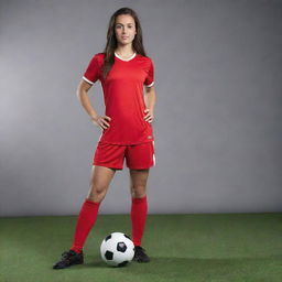 Athletic female soccer player, gracefully poised in a vibrant red dress with a soccer ball at her feet.