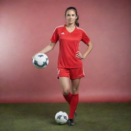 Athletic female soccer player, gracefully poised in a vibrant red dress with a soccer ball at her feet.