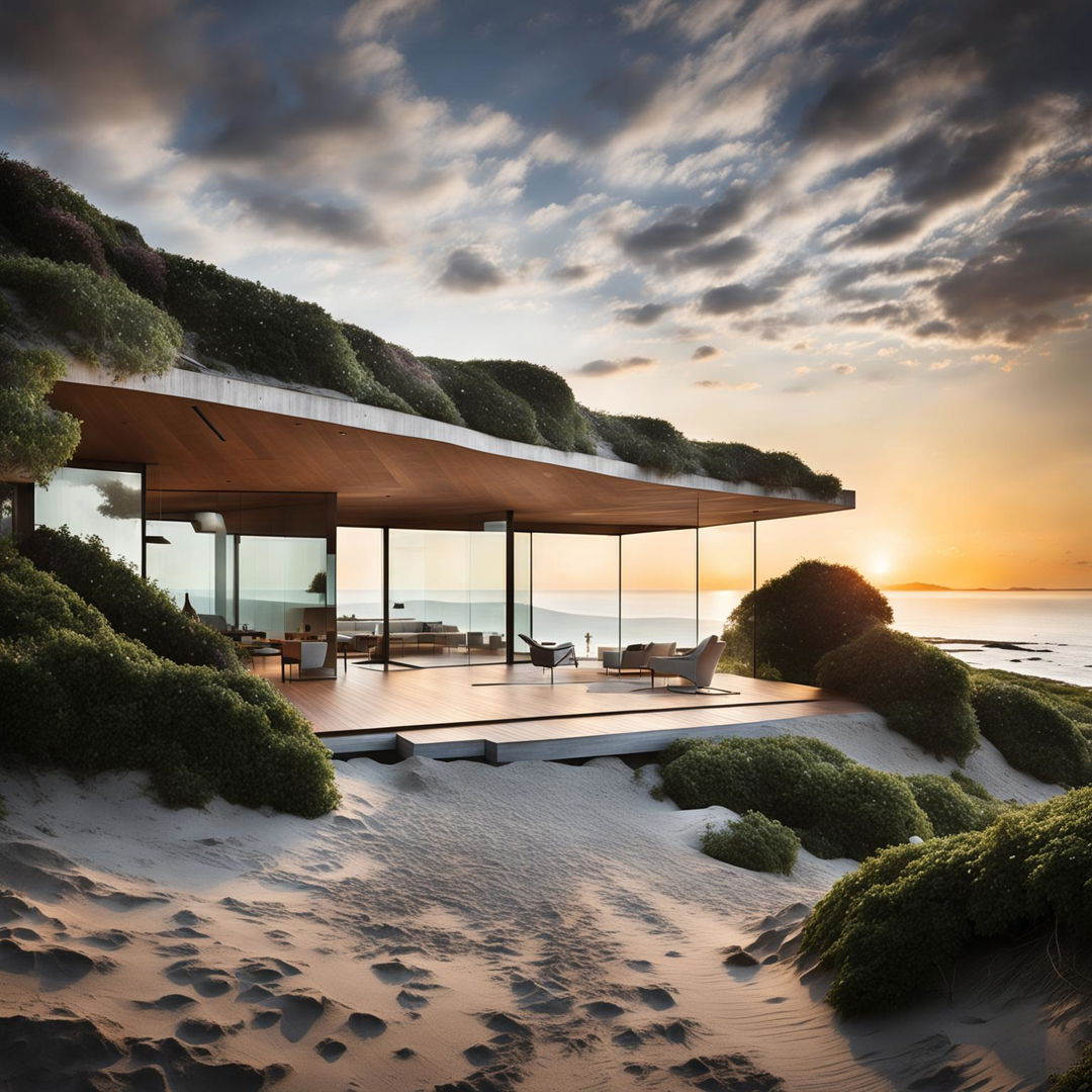 A single-storey, nature-inspired beach house captured in architectural photography at sunset, featuring weathered wood exterior, large glass windows, a green roof, and a deck leading to the beach.