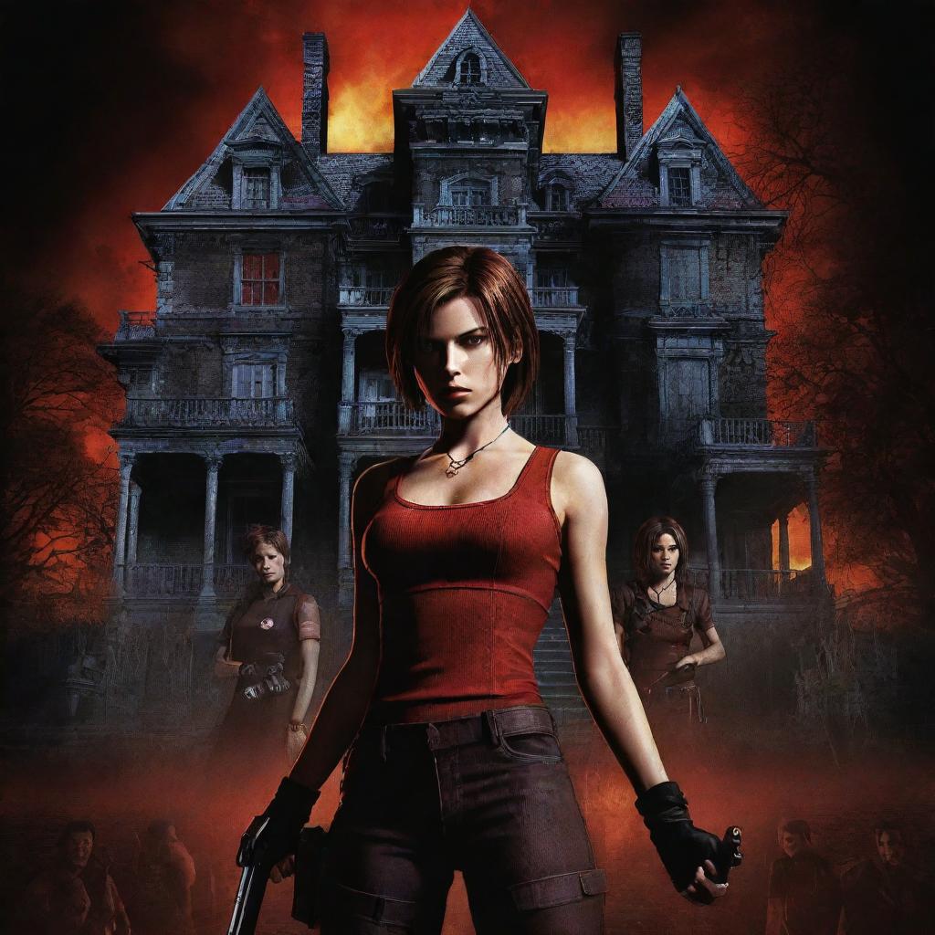 A poster for Resident Evil: Code Veronica, highlighting key elements like game characters, a spooky mansion and creepy atmosphere, in a dark and ominous art style with a splash of vibrant colors for contrast.