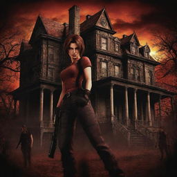 A poster for Resident Evil: Code Veronica, highlighting key elements like game characters, a spooky mansion and creepy atmosphere, in a dark and ominous art style with a splash of vibrant colors for contrast.