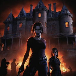 A poster for Resident Evil: Code Veronica, highlighting key elements like game characters, a spooky mansion and creepy atmosphere, in a dark and ominous art style with a splash of vibrant colors for contrast.