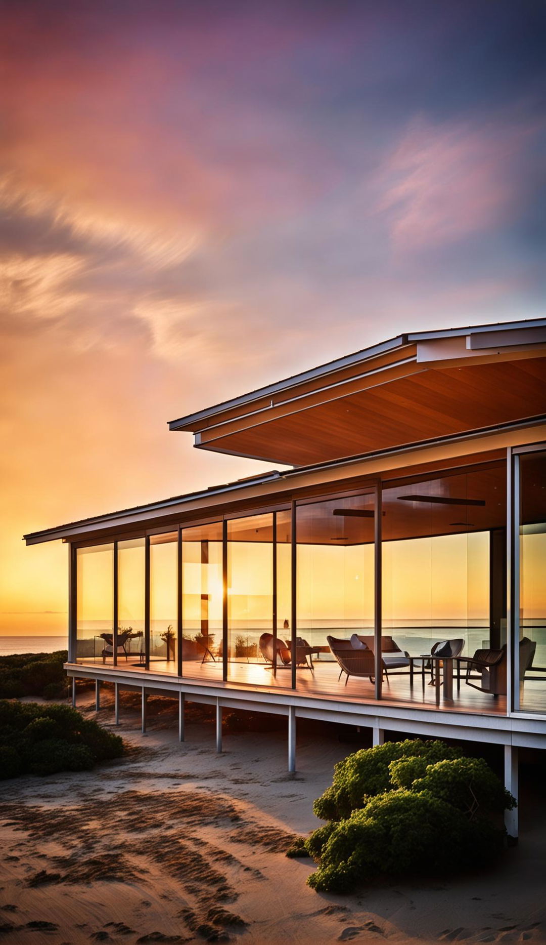 A single-storey beach house inspired by the Stahl House, captured in architectural photography at sunset, featuring a glass and steel structure, a flat roof, and a deck leading to the beach.