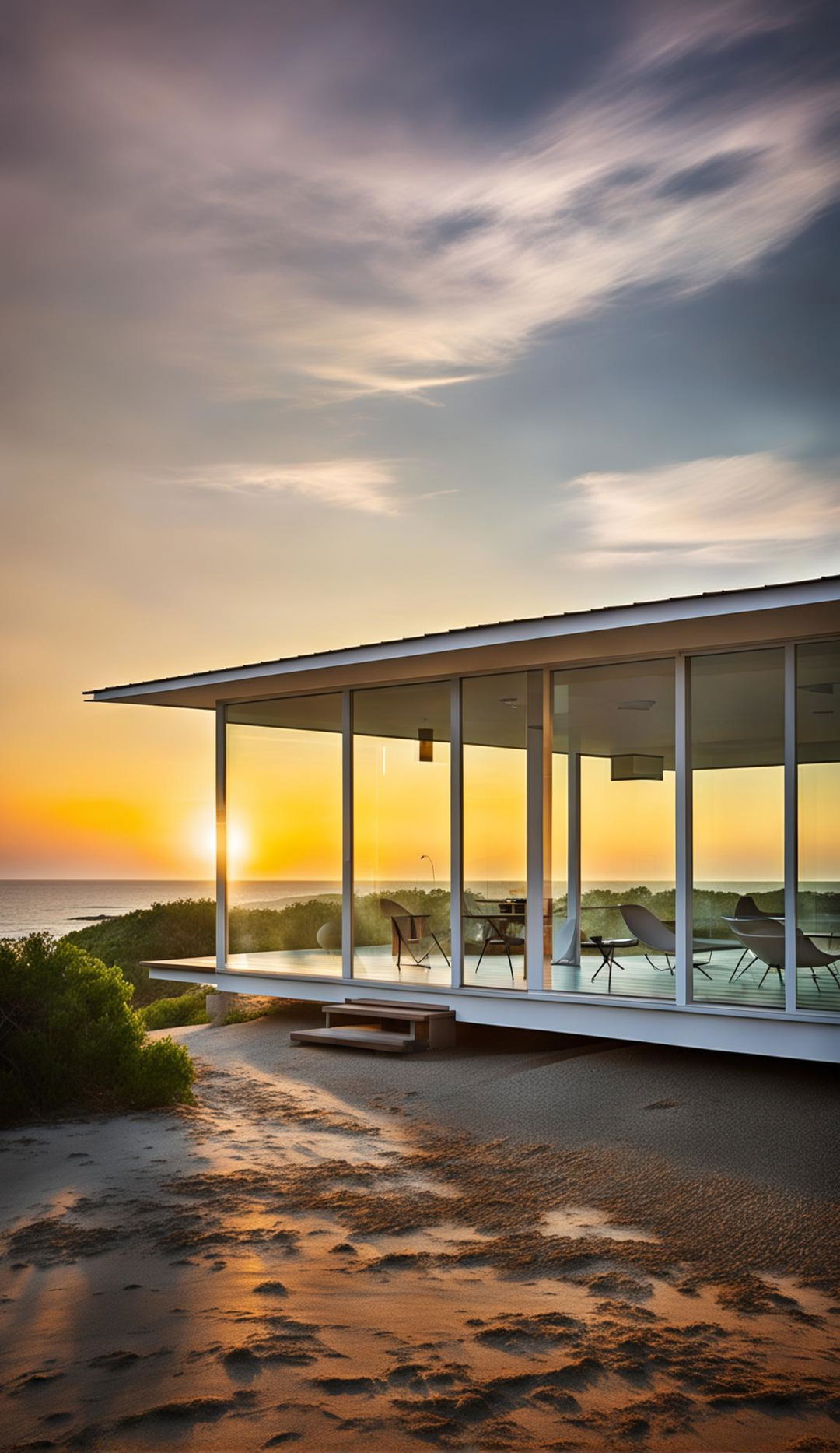 A small, single-storey beach house inspired by the Stahl House, captured in architectural photography at sunset, featuring a glass and steel structure, a flat roof, and a deck leading to the beach.