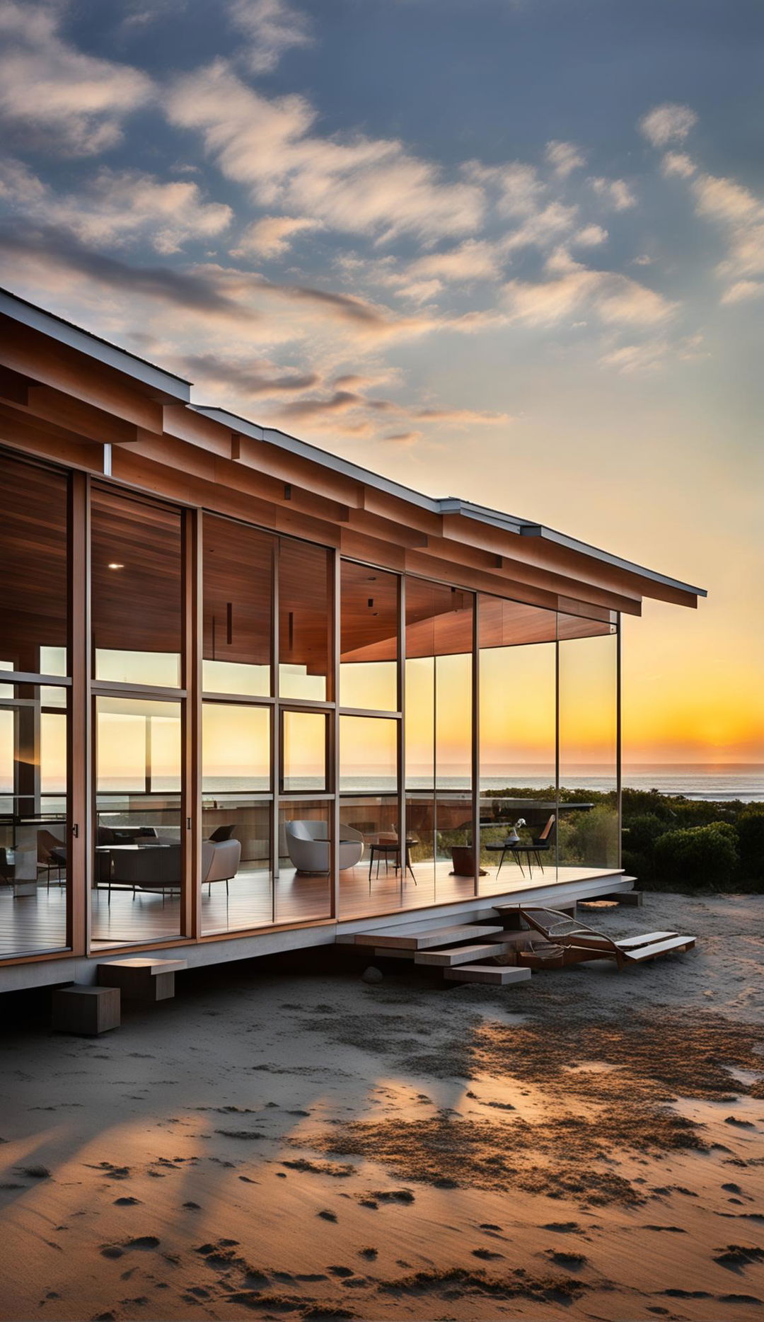 A small, single-storey beach house inspired by the Stahl House, made of timber post and beam construction, captured in architectural photography at sunset, featuring a flat roof, and a deck leading to the beach.