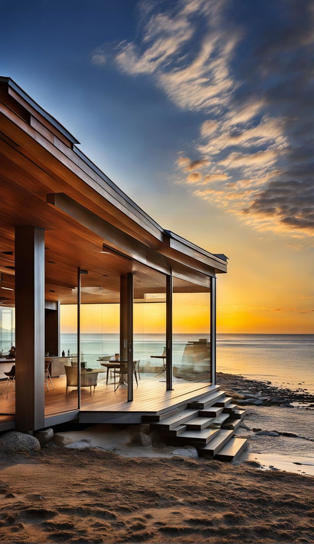 A small, single-storey beach house inspired by the Stahl House, entirely made of timber post and beam construction, captured in architectural photography at sunset, featuring a flat roof, and a deck leading to the beach.